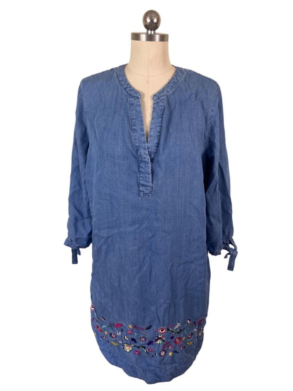 Simply Southern Chambray Peasant Boho Tunic Dress Womens L Embroidered Floral